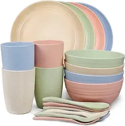 Picture of ahopwithgreen Wheat Straw Dinnerware Sets, 20 PCS Microwave Unbreakable Plates and Bowls Sets, Reusable Lightweight Tableware Dinner Dishes, Bowls, Cups, Plastic Dishes for Camping, Kitchen, RV