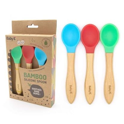 Picture of Baby silicone spoon and fork with wooden handle